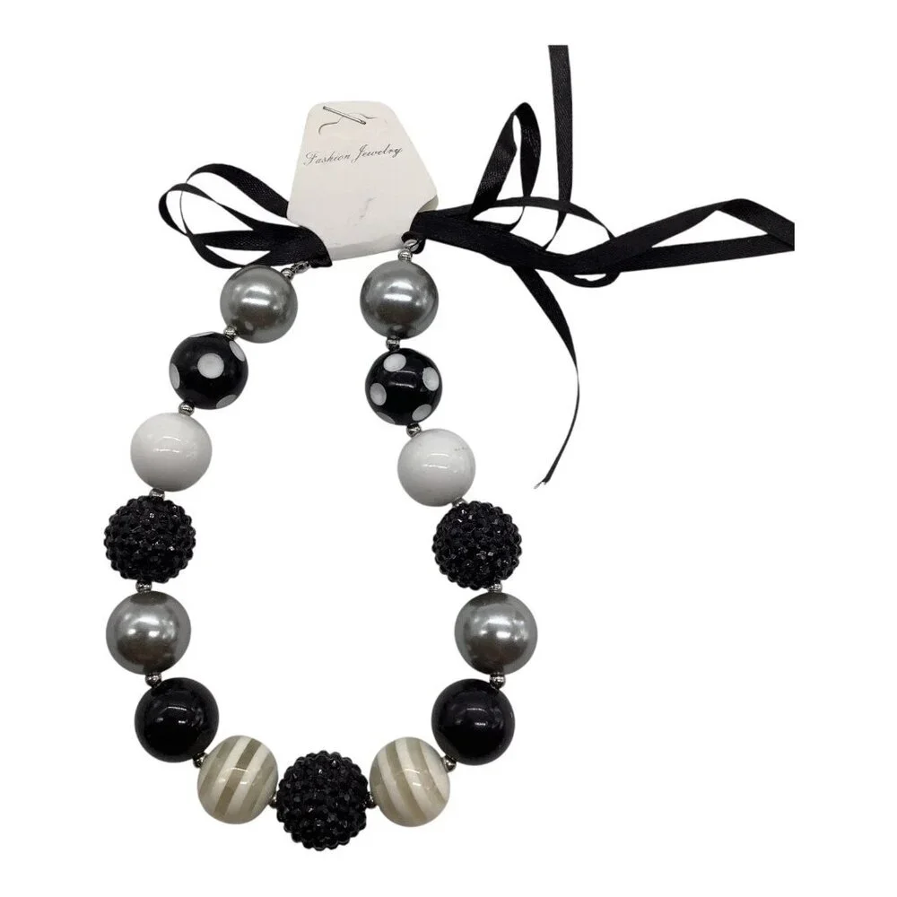 Chunky Beaded Girls Necklace With Ribbon‎ Tie Closure In Black White & Silver